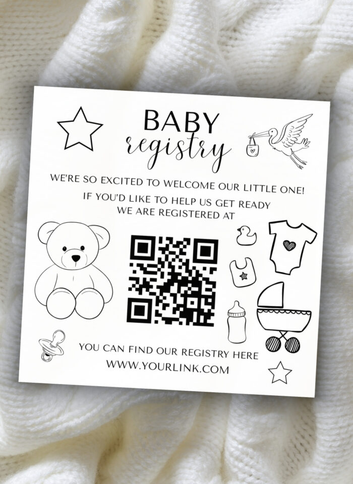 Free editable baby registry card template with QR code, minimalist black and white design featuring baby icons, printable Canva registry insert for baby shower invitations or digital registry sharing.
