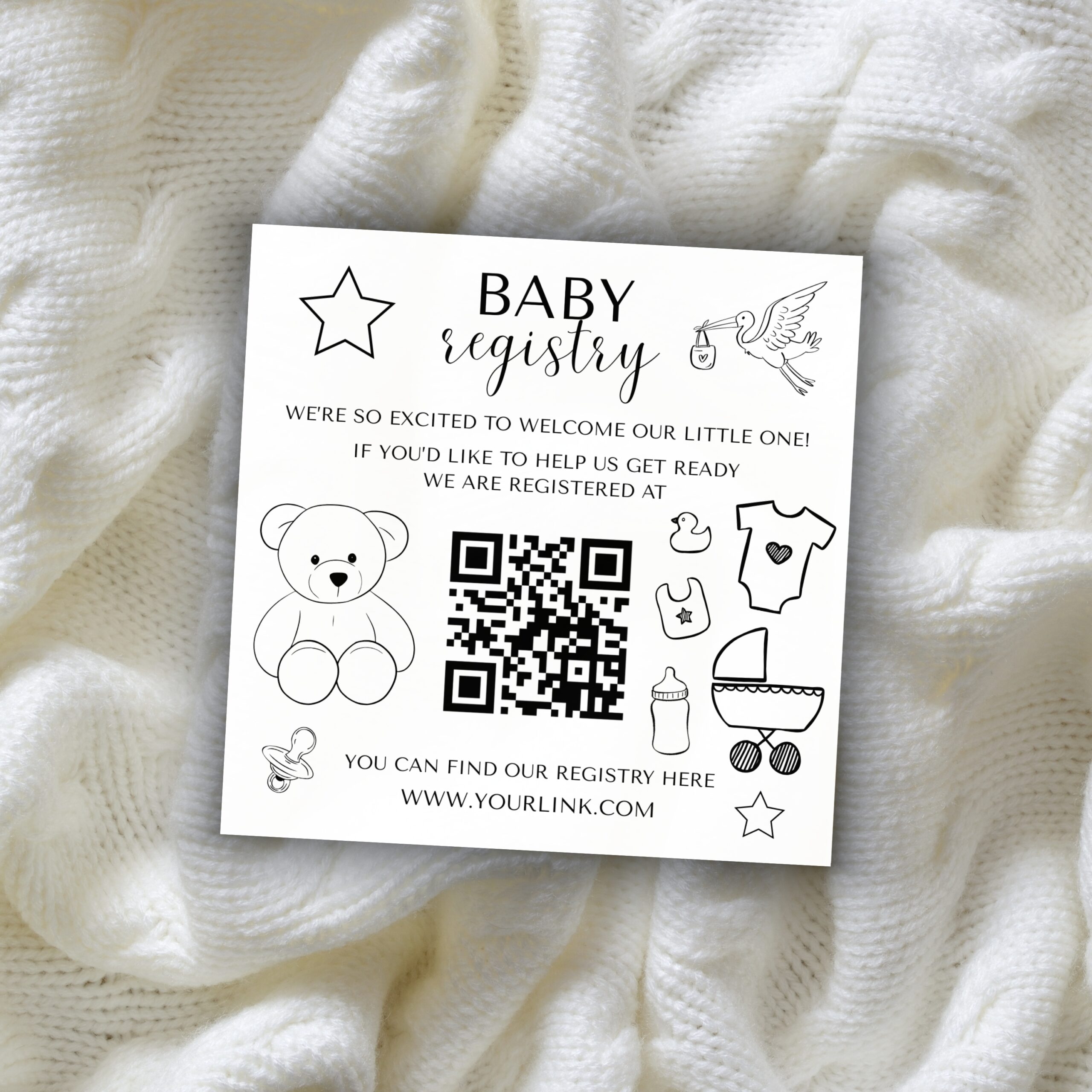 Free editable baby registry card template with QR code, minimalist black and white design featuring baby icons, printable Canva registry insert for baby shower invitations or digital registry sharing.