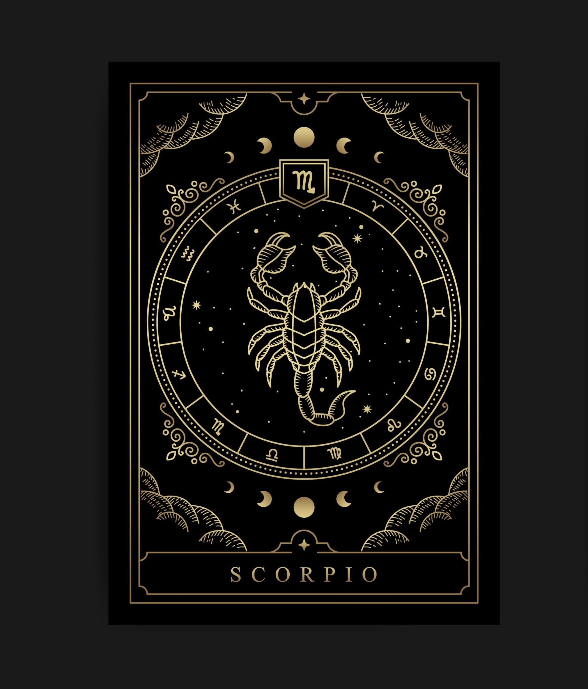 Scorpio zodiac symbol with engraving, hand drawn, luxury, esoteric and boho styles. Fit for paranormal, tarot readers and astrologers
