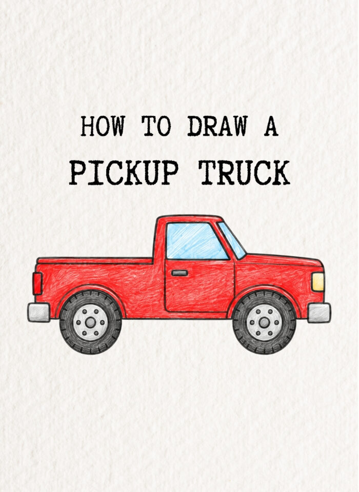 Colored pencil drawing of a red pickup truck with blue windows, gray bumpers, and black tires on textured white paper, beneath “How to Draw a Pickup Truck.”
