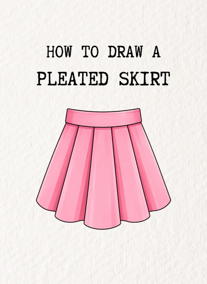 Easy pleated skirt drawing featuring a pink high-waisted skirt with a curved waistband, flowing pleats, soft shading, and black outlines, perfect for beginner fashion illustration.