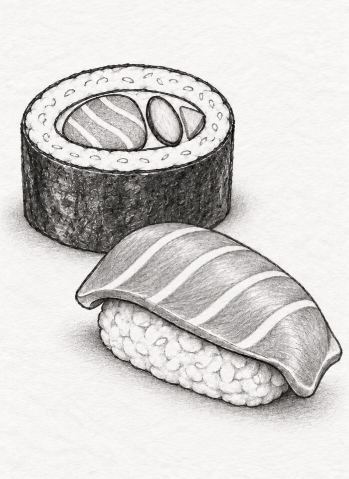 Pencil drawing of a maki sushi roll behind a piece of salmon nigiri on textured white paper. The maki has a dark seaweed wrapper, a pale rice border, and salmon and vegetable fillings. The nigiri features a curved salmon slice with pale diagonal bands resting over detailed rice grains, with soft shadows beneath both pieces.
