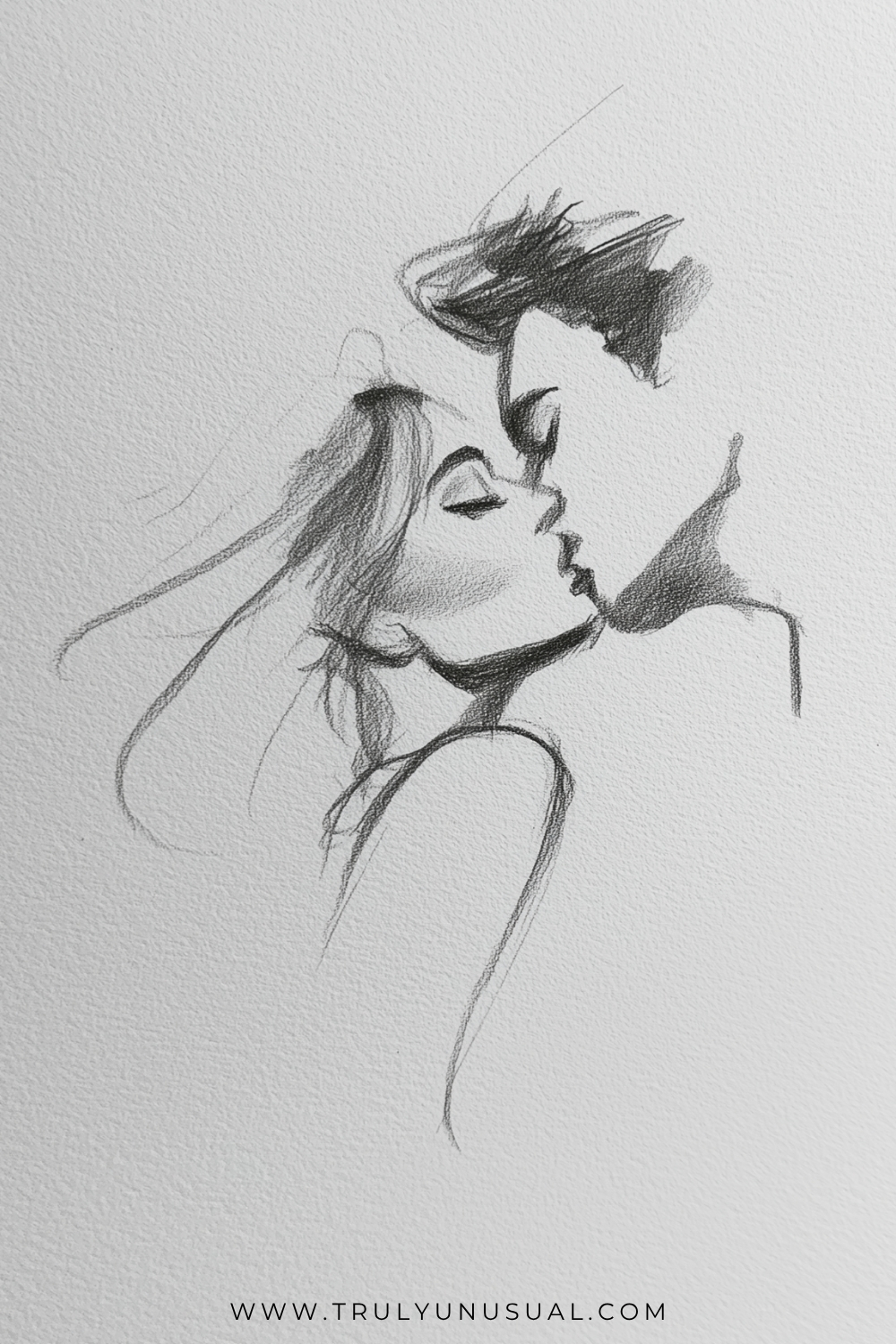 Loose graphite sketch of two people kissing in profile, shown from the shoulders up. The left figure tilts their face upwards beneath long swept-back hair, while the right figure leans down with short dark hair. Closed eyes and dark shadows beneath the jaws contrast with lightly outlined shoulders.