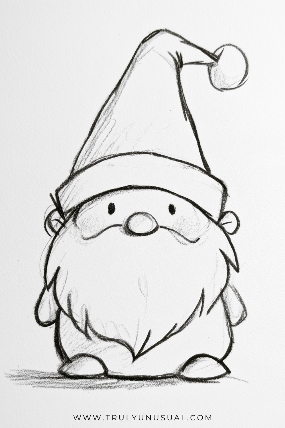 Cute Christmas gnome pencil drawing featuring a tall, floppy Santa hat with a pom-pom, round nose, tiny eyes, fluffy beard, and little feet. Easy Christmas drawing idea for beginners.