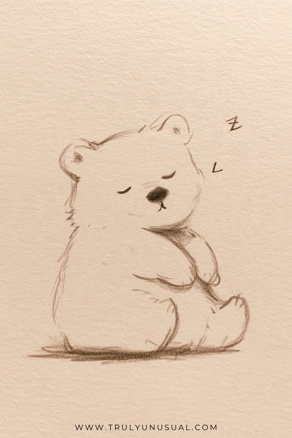 Pencil drawing of a sleepy bear sitting with its head tilted to the right, closed eyes, rounded ears, and a dark nose. Its front paws rest over its plump belly, with hind feet extending forward. Soft shading defines the chin and paws, and sleep marks float beside its head on warm-toned textured paper.