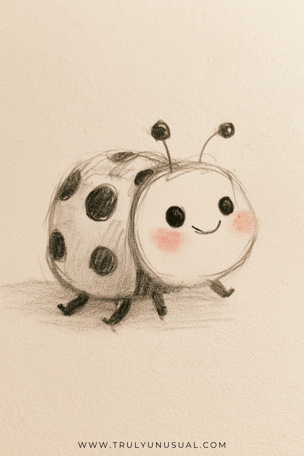 Pencil drawing of a cheerful ladybug facing right, with a large round face, dark eyes, a curved smile, and softly tinted rosy cheeks. Its domed wing case has dark circular spots, with two slender antennae above the head and short legs beneath the body.