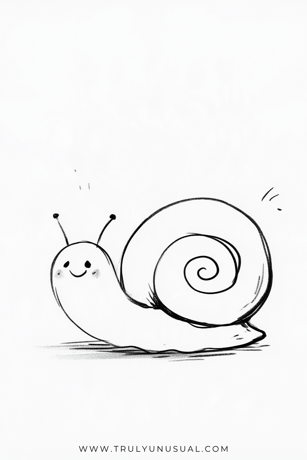 Bold outline drawing of a smiling snail facing left, with a large rounded shell containing an inward-curling spiral. Two thin feelers with dark tips rise above its face, while its long body has a gently rippled underside and light ground shading below.