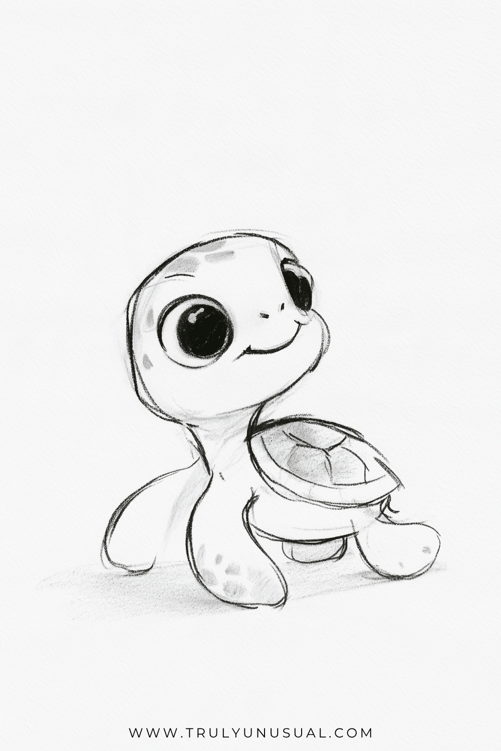 Pencil drawing of a cartoon baby turtle with an oversized raised head, large glossy eyes, and a small smiling mouth. A long neck connects to its domed, segmented shell, with broad rounded flippers extending around the body and light shading beneath the shell.