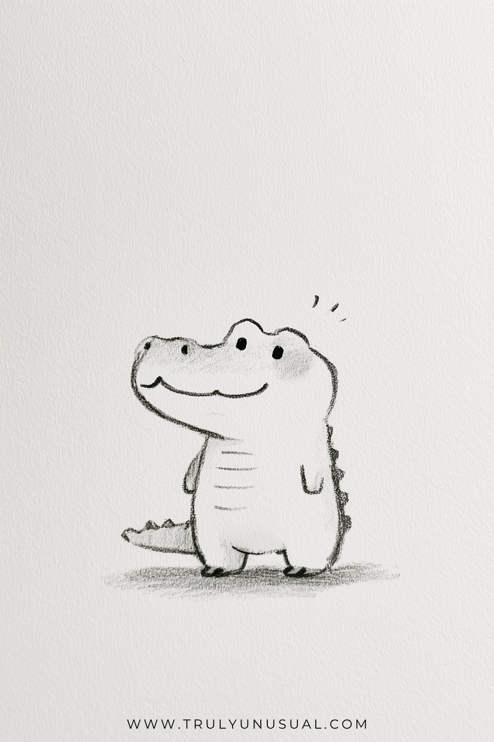 Simple outline drawing of a friendly crocodile standing upright and facing left, with a broad rounded snout, raised eyes, and a long curved smile. Short arms flank its body, horizontal marks cross its belly, and small bumps continue down its back toward a tail extending left.
