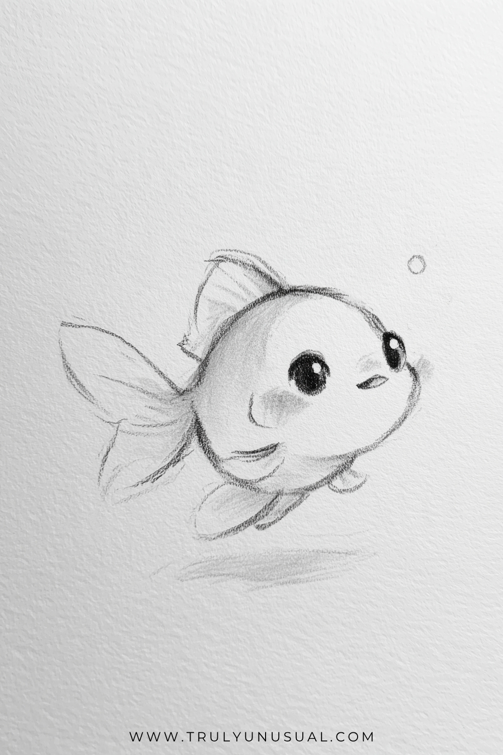 Soft pencil drawing of a round cartoon fish swimming toward the right, with a large glossy eye, a tiny mouth, and a lightly shaded cheek. Flowing tail fins spread behind it to the left, smaller fins extend above and below its body, and a single bubble floats overhead.