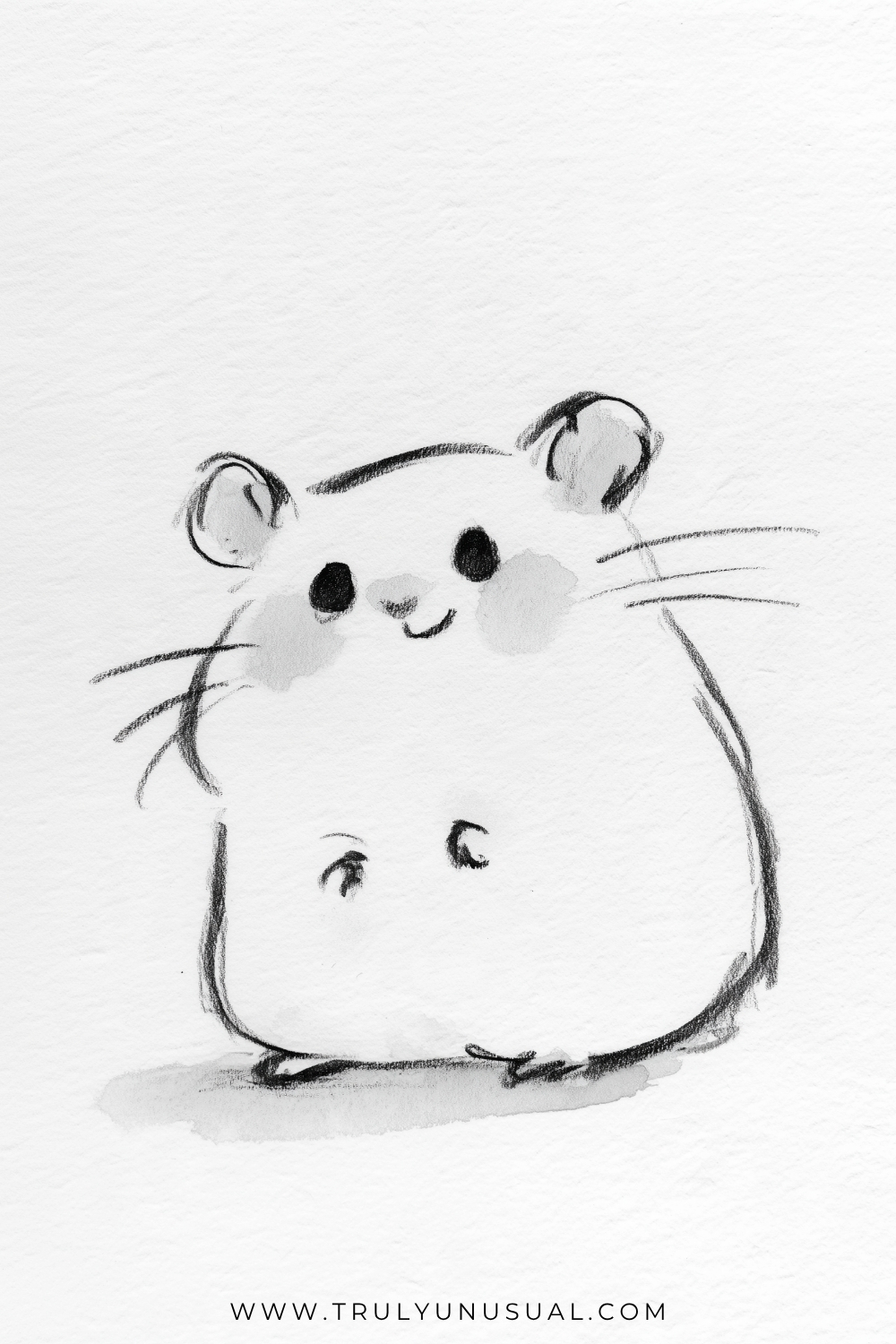 Simple pencil drawing of a round hamster with small curved ears, dot eyes, a tiny smiling mouth, and long whiskers extending from both cheeks. Two little front paws rest against its body, while tiny feet peek out beneath the lightly shaded outline.
