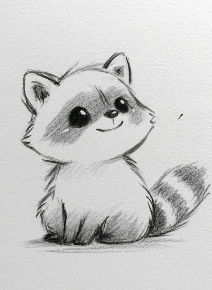 Pencil drawing of a fluffy raccoon sitting and looking slightly upward to the right, with pointed ears, glossy eyes, and a dark mask across its face. Small front paws sit together below its pale chest, while a bushy tail with dark bands curves upward on the right.