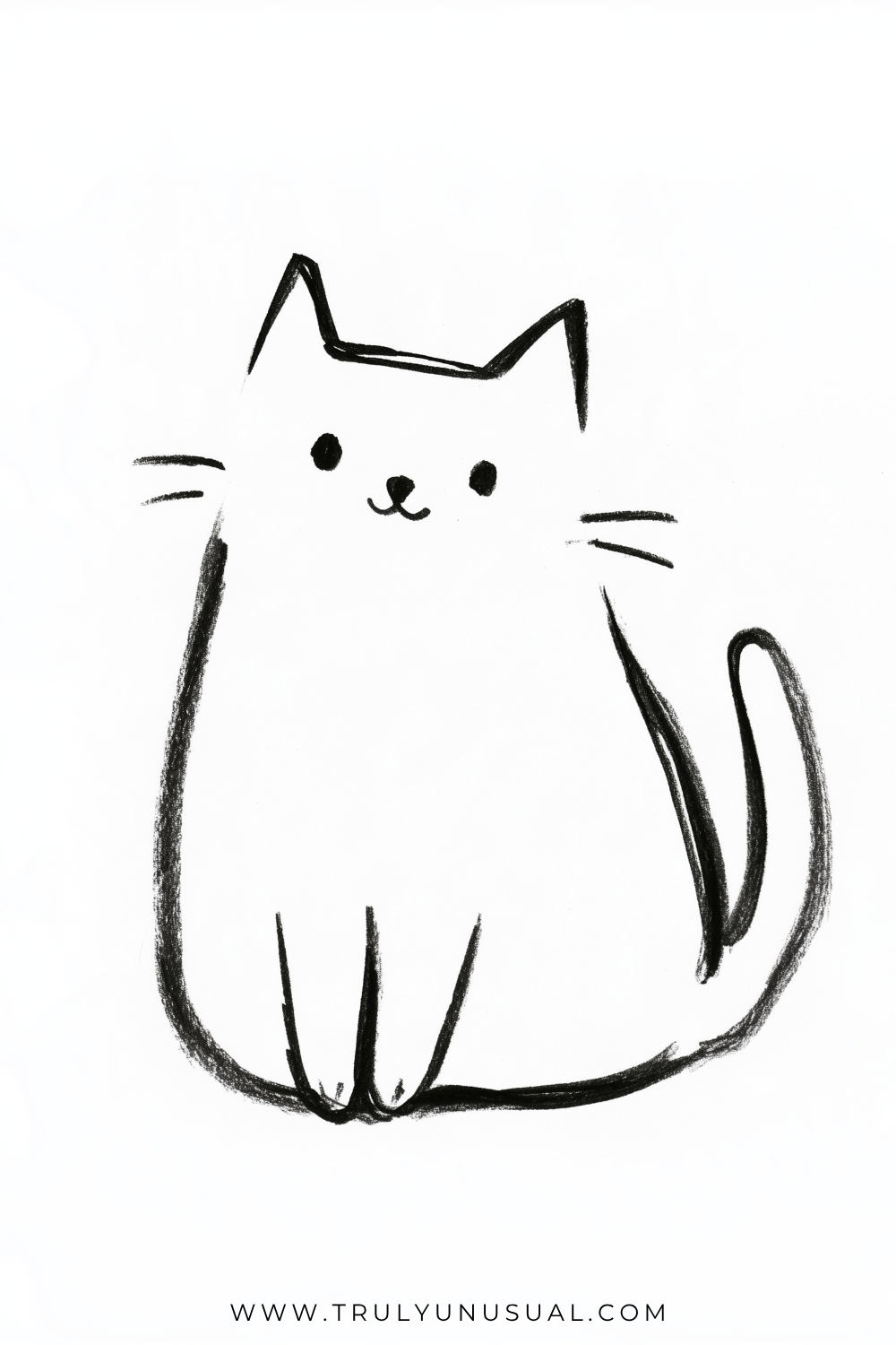 Simple dark outline drawing of a sitting cat with pointed ears, small dot eyes, a triangular nose, and a tiny curved mouth. Long whiskers extend from its cheeks, two narrow front paws divide the broad body, and a tall curved tail rises along its right side.