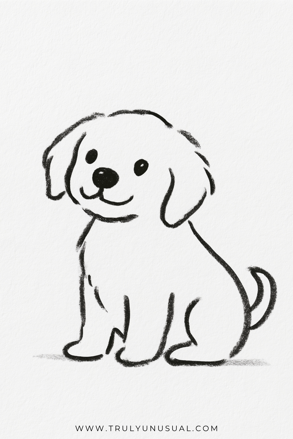 Outline drawing of a puppy sitting with its head tilted slightly to the left, floppy ears, small dark eyes, and a large black nose with a white highlight. A curved mouth gives it a friendly expression, while rounded paws, a bent hind leg, and a raised tail define its seated pose.