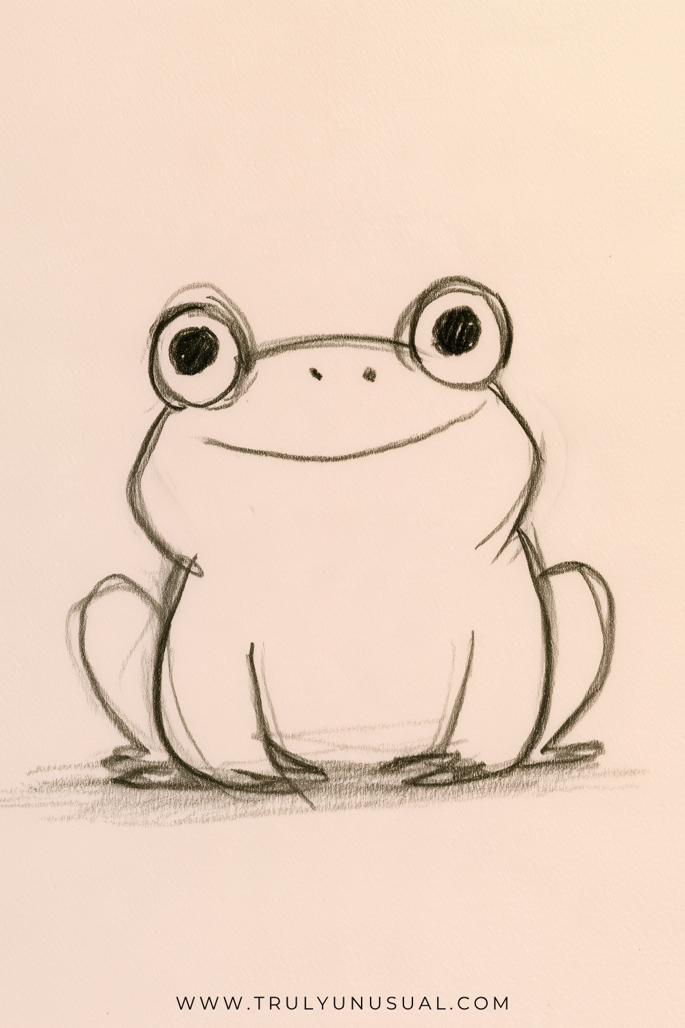 Light pencil drawing of a smiling frog facing forward, with large raised circular eyes, tiny nostrils, and a broad curved mouth. Its plump body sits between bent hind legs, with long front legs reaching down to small pointed toes and loose ground shading underneath.