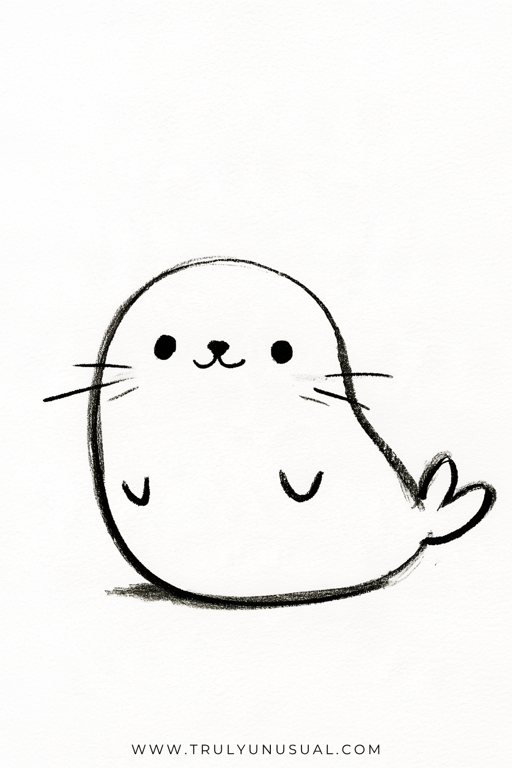 Bold outline drawing of a rounded cartoon seal with dark dot eyes, a small nose, a curved mouth, and whiskers extending from both cheeks. Two small U-shaped marks indicate front flippers, while the body tapers into a raised two-lobed tail on the right.