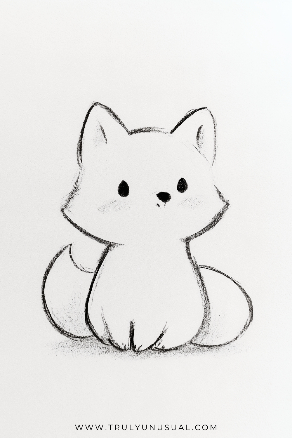 Light pencil drawing of a little fox sitting upright with tall pointed ears, broad fluffy cheeks, small dark eyes, and a tiny black nose. Its front paws meet below a narrow chest, while a large bushy tail curls around its body with a curved line marking the pale tip.