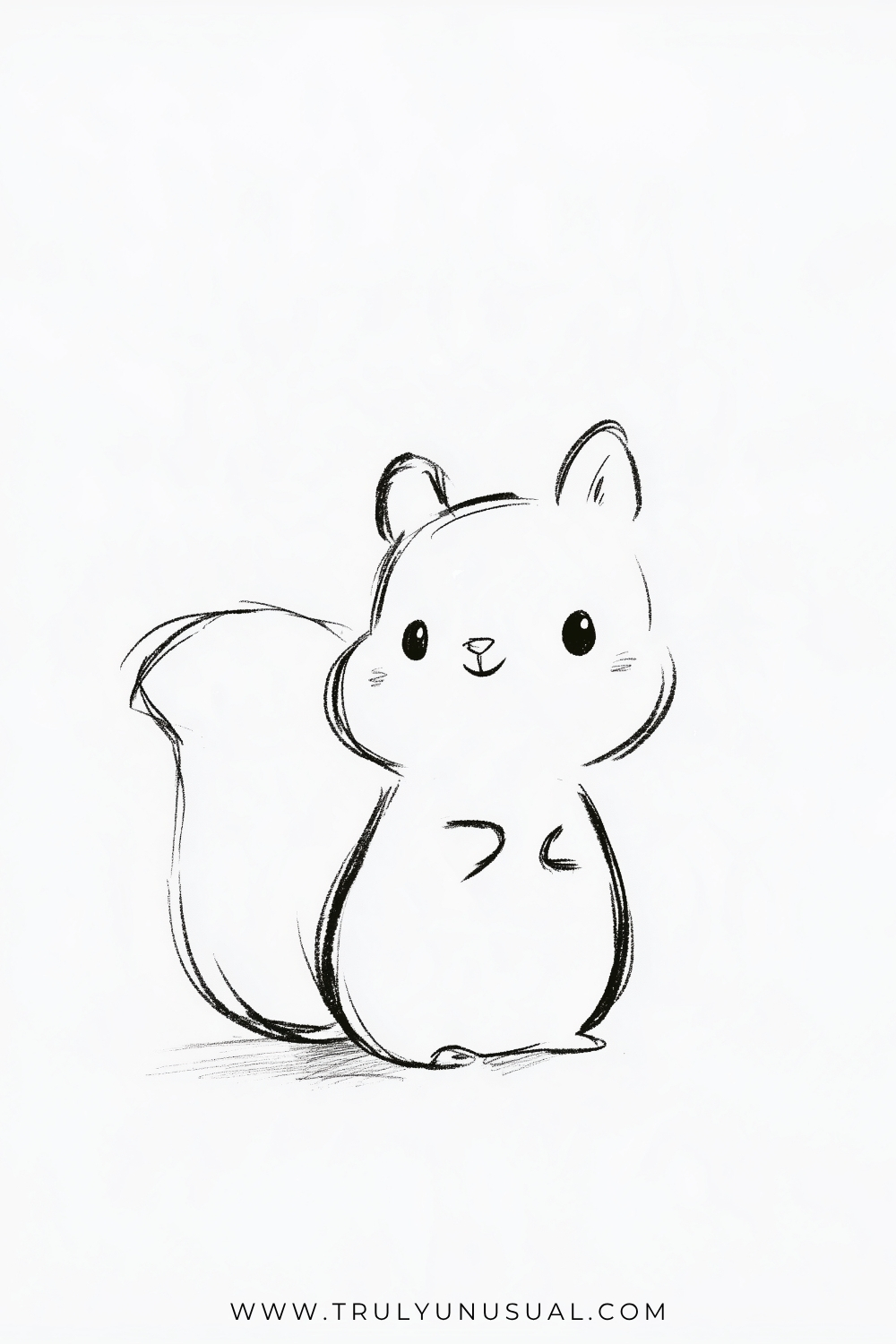 Simple outline drawing of a squirrel sitting upright with pointed ears, rounded cheeks, small dark eyes, and tiny paws held against its chest. A large bushy tail rises behind the body on the left, with a pointed tuft near the top and light pencil shading along its edge.