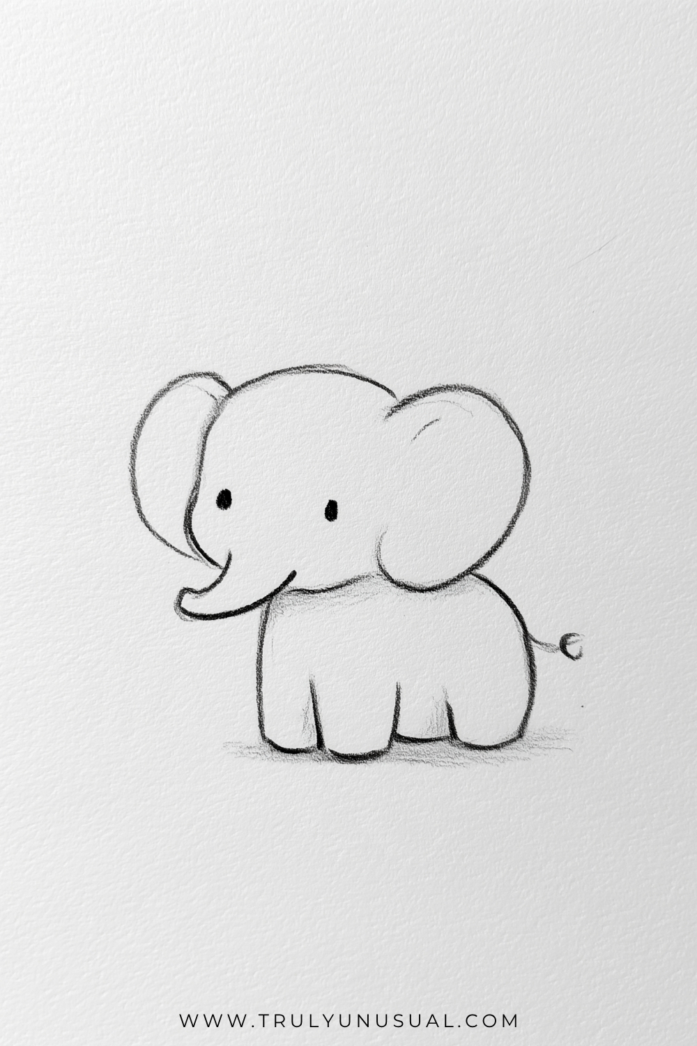 Minimal pencil drawing of a baby elephant with oversized rounded ears, tiny dark eyes, and a short trunk curling upward to the left. Its compact body has four short, rounded legs and a thin tail with a small curled tip extending to the right.