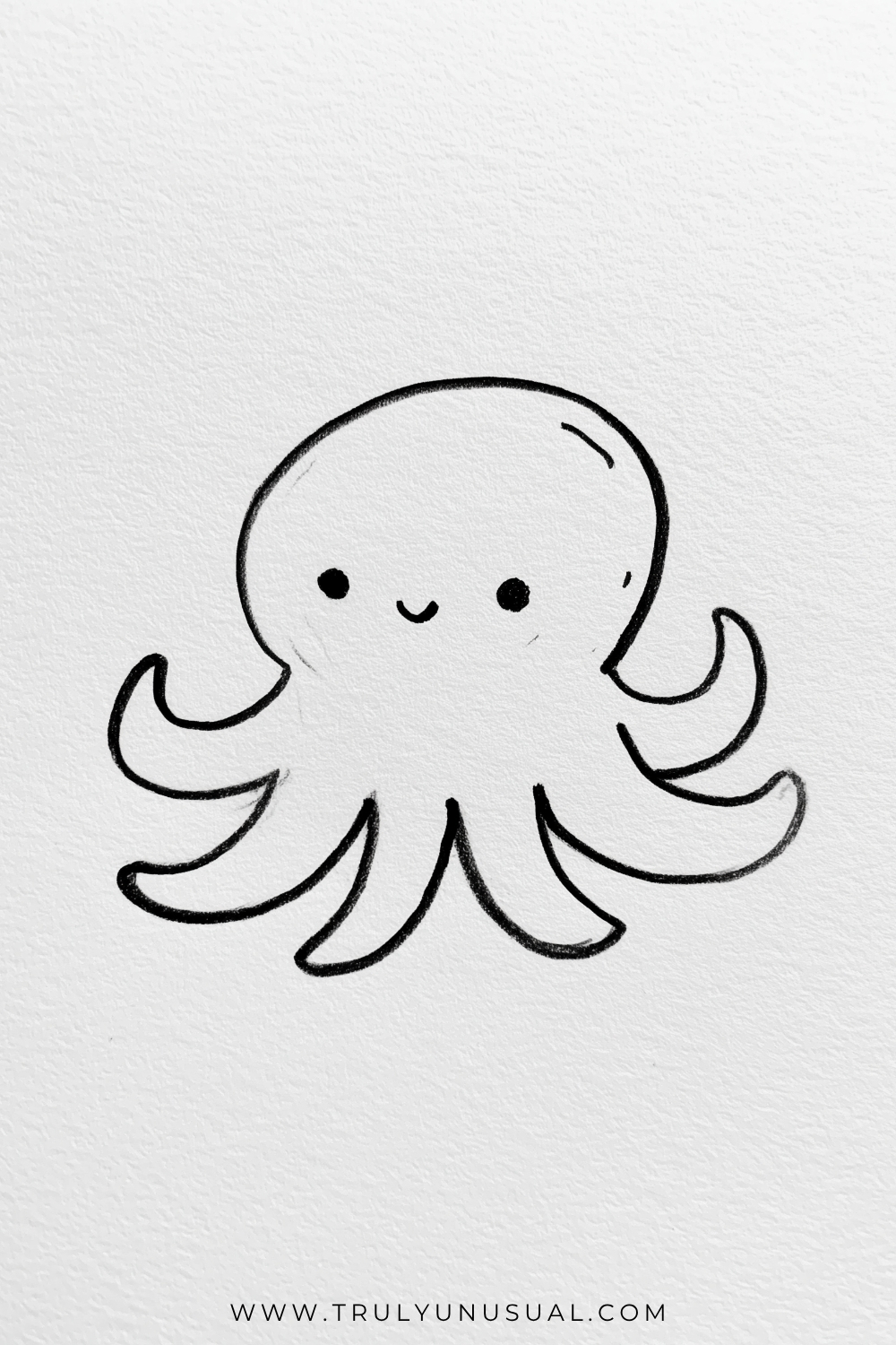 Clean outline drawing of a smiling cartoon octopus with a large rounded head, two small dark eyes, and a tiny curved mouth. Broad arms curl outward and downward around its body, with an unshaded interior and a short curved accent near the top of its head.