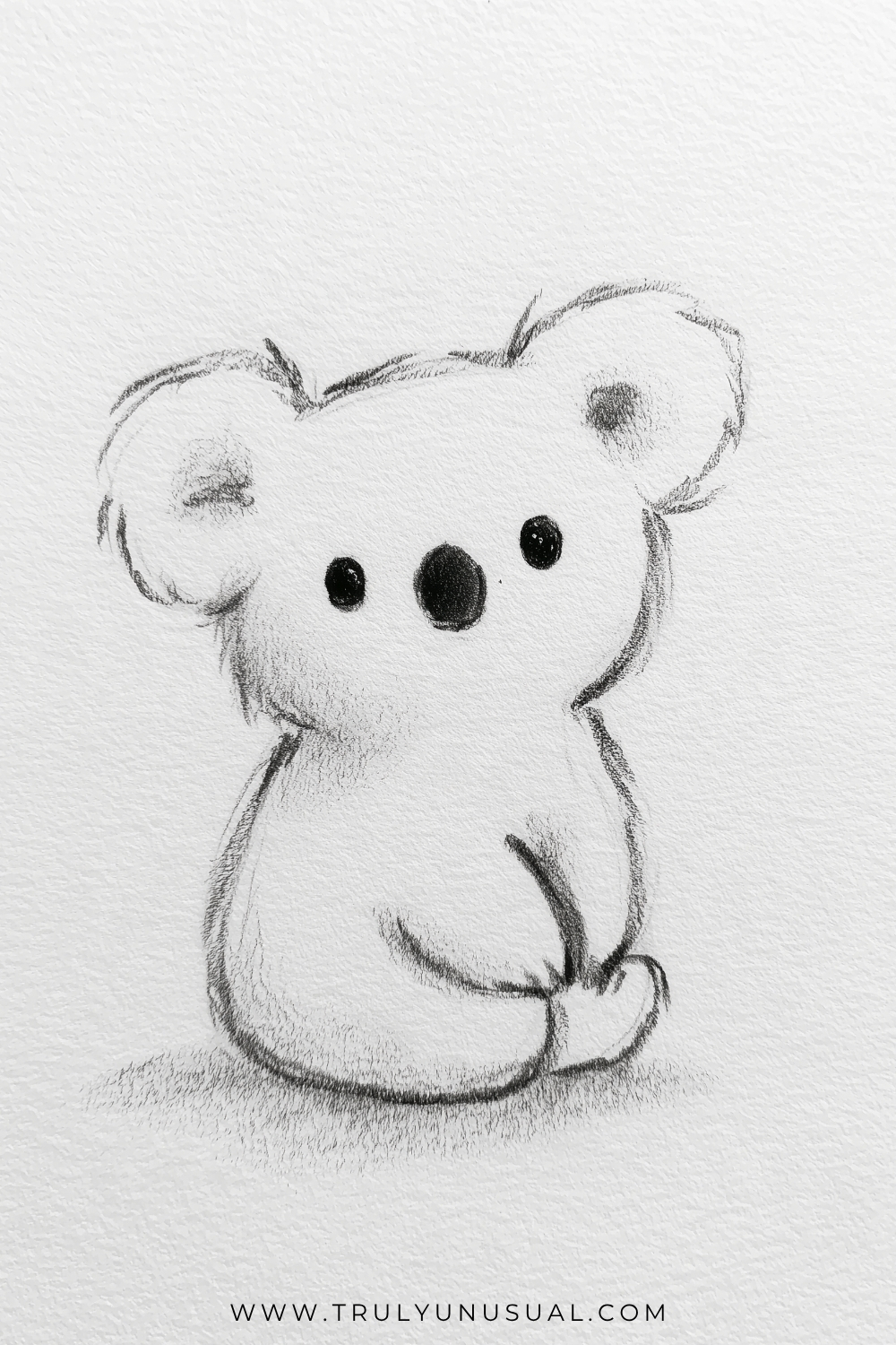 Light pencil sketch of a seated koala with large fluffy ears, small dark eyes, and a prominent oval nose. Its rounded body turns slightly to the right, with a curved forelimb resting across its belly, small feet together in front, and soft shading beneath it.