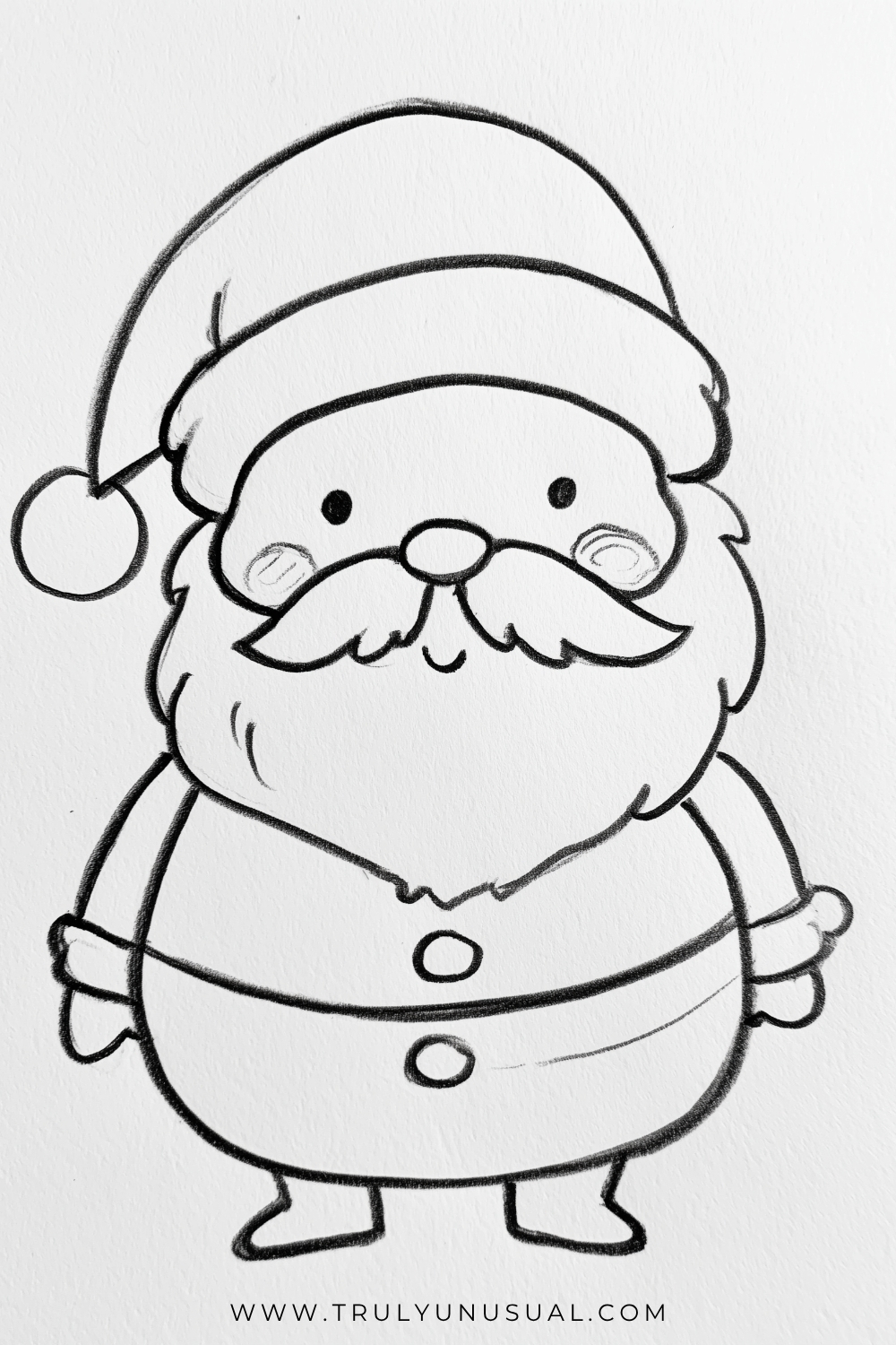 Cute and easy Santa Claus pencil drawing featuring a chubby, cartoon-style Santa with a large rounded body, short legs, tiny hands, and an oversized Christmas hat with a fluffy brim and round pom-pom. Santa has small black eyes, circular cheeks, a round nose, a large curled moustache, and a thick, fluffy beard. His simple Christmas outfit features two round buttons, long sleeves with cuffs, and small boots. Black-and-white hand-drawn illustration with bold pencil outlines on textured white paper.