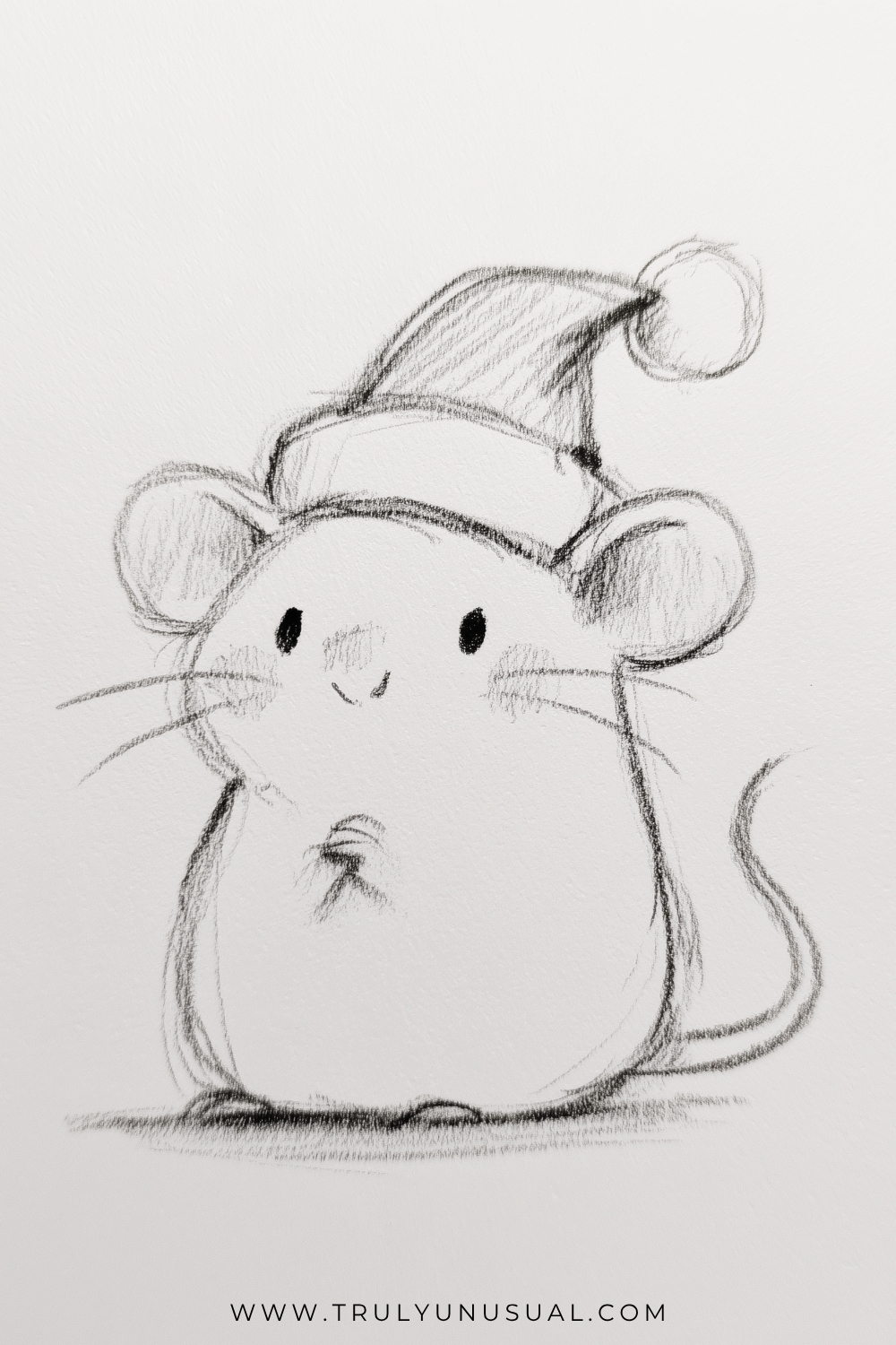 Cute Christmas mouse pencil drawing with oversized round ears, a Santa hat, rosy cheeks, a plump body, and a long curled tail.