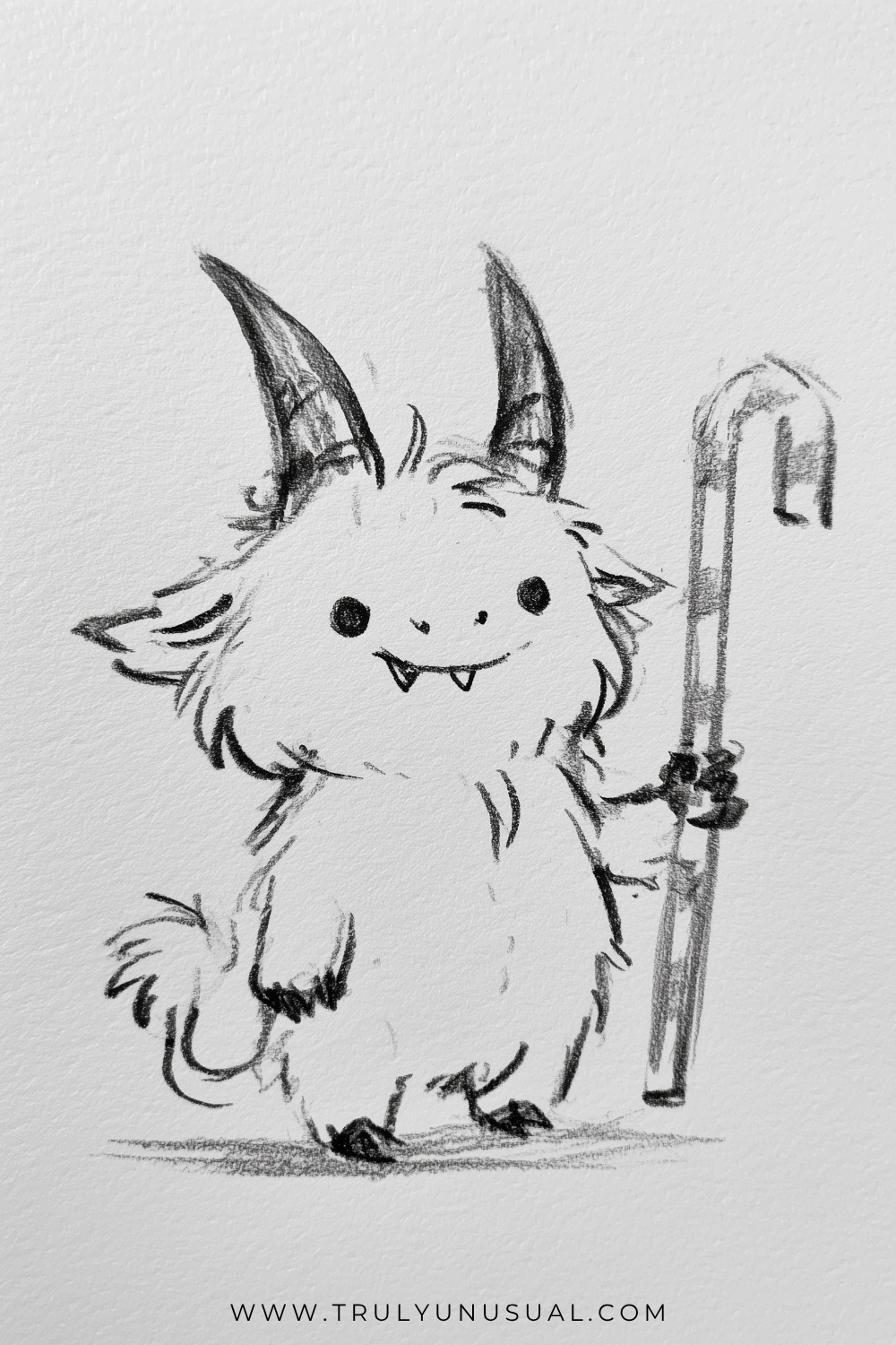 Cute Krampus pencil drawing featuring a fluffy little creature with long pointed horns, tiny fangs, a mischievous smile, and a stick held in one hand.