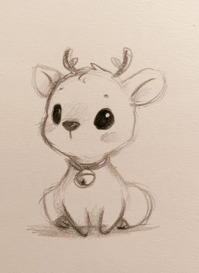 Adorable baby reindeer pencil sketch with small antlers, large expressive eyes, oversized ears, and a bell around its neck, sitting with its front legs stretched out.