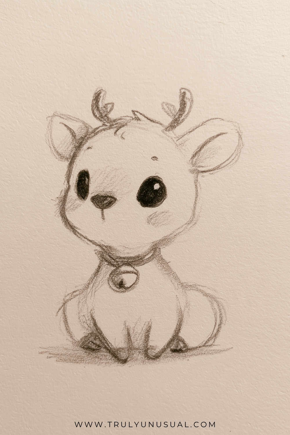 Adorable baby reindeer pencil sketch with small antlers, large expressive eyes, oversized ears, and a bell around its neck, sitting with its front legs stretched out.