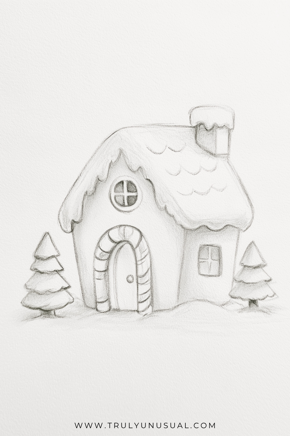 Cute and easy Christmas gingerbread house pencil drawing featuring a charming little cottage with a snow-covered roof, dripping icing details, a small chimney, and a rounded front door framed by striped candy canes. The house has two small windows, one circular and one rectangular, and is surrounded by two snow-covered Christmas trees. Delicate graphite pencil outlines and soft shading create a cozy winter scene on textured white paper, perfect for simple Christmas drawing inspiration for kids and beginners.