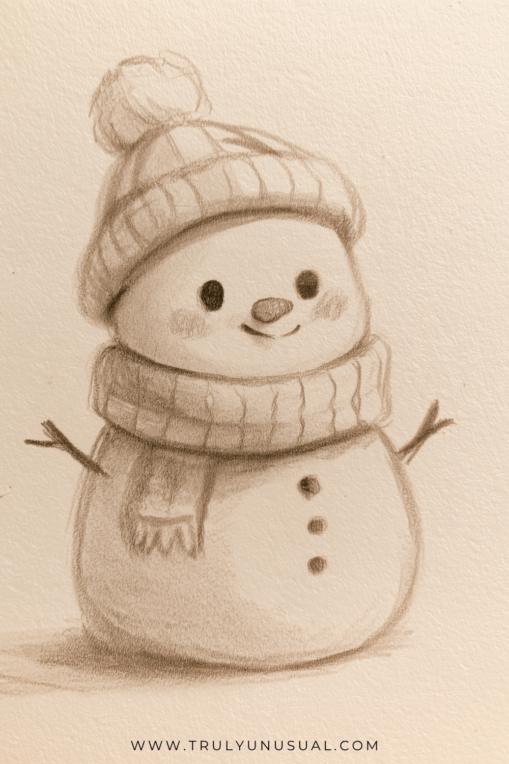 Cute and easy snowman pencil drawing featuring a happy, round snowman wearing a cozy knitted winter hat with a large pom-pom and a thick, ribbed scarf. The snowman has two round black eyes, a small carrot-shaped nose, a sweet smile, softly shaded cheeks, three dark buttons down its belly, and two twig arms. Gentle graphite pencil shading adds texture to the knitted accessories and creates soft shadows around the snowman's rounded body. The adorable hand-drawn illustration appears on textured cream-colored paper, perfect for easy Christmas drawing inspiration for kids and beginners.