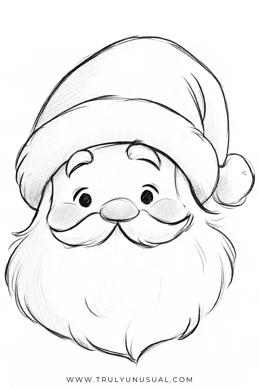 Cute Santa Claus face pencil drawing featuring a large fluffy beard, curled moustache, round nose, small dark eyes, and thick curved eyebrows. Santa is wearing an oversized Christmas hat with a wide fluffy brim and a round pom-pom hanging to one side. Black-and-white hand-drawn pencil sketch with delicate shading and soft curved lines on a plain white background.