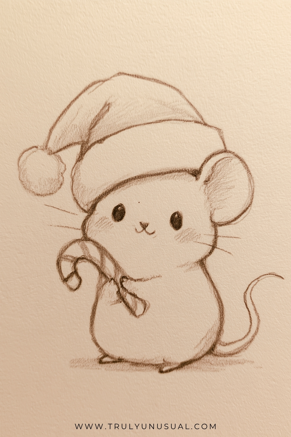 Cute and easy Christmas mouse pencil drawing featuring an adorable chubby mouse with large round ears, tiny black eyes, delicate whiskers, and a sweet smiling face. The mouse is wearing an oversized Santa hat with a fluffy pom-pom and holding a striped candy cane in its little paws, with a long curved tail extending behind its body. Hand-drawn brown pencil sketch on a warm cream paper background.