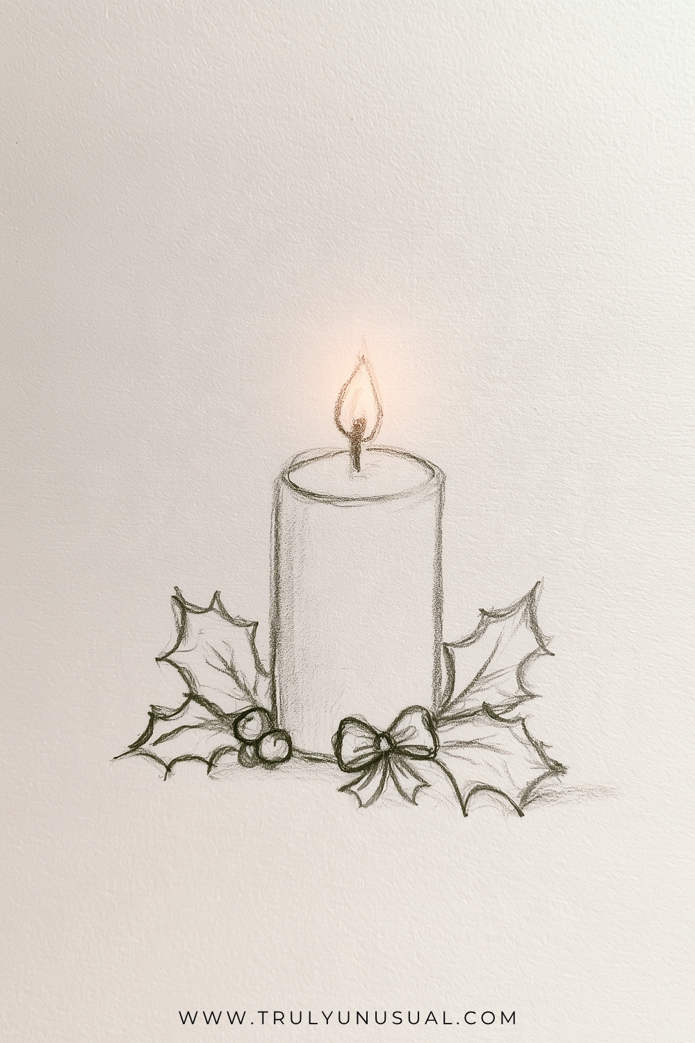 Easy Christmas candle pencil drawing featuring a tall, lit pillar candle surrounded by decorative holly leaves, round berries, and a small ribbon bow. A delicate flame glows above the candlewick, with a subtle warm halo of light against the white paper background. Fine graphite pencil outlines and gentle shading give the illustration a soft, festive appearance, making it a beautiful Christmas drawing idea for beginners and kids.