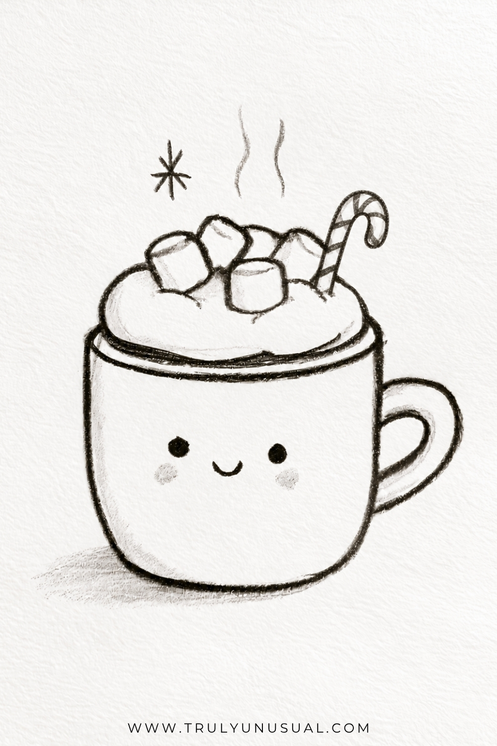 Cute and easy Christmas hot chocolate pencil drawing featuring a kawaii-style mug with a smiling face, round black eyes, and lightly shaded cheeks. The mug is filled with hot chocolate topped with fluffy whipped cream and several marshmallows, with a striped candy cane sticking out on the right. Two curved steam lines and a small sparkling star appear above the drink. The simple black graphite sketch features soft pencil shading on textured white paper, making it a charming Christmas drawing idea for kids and beginners.
