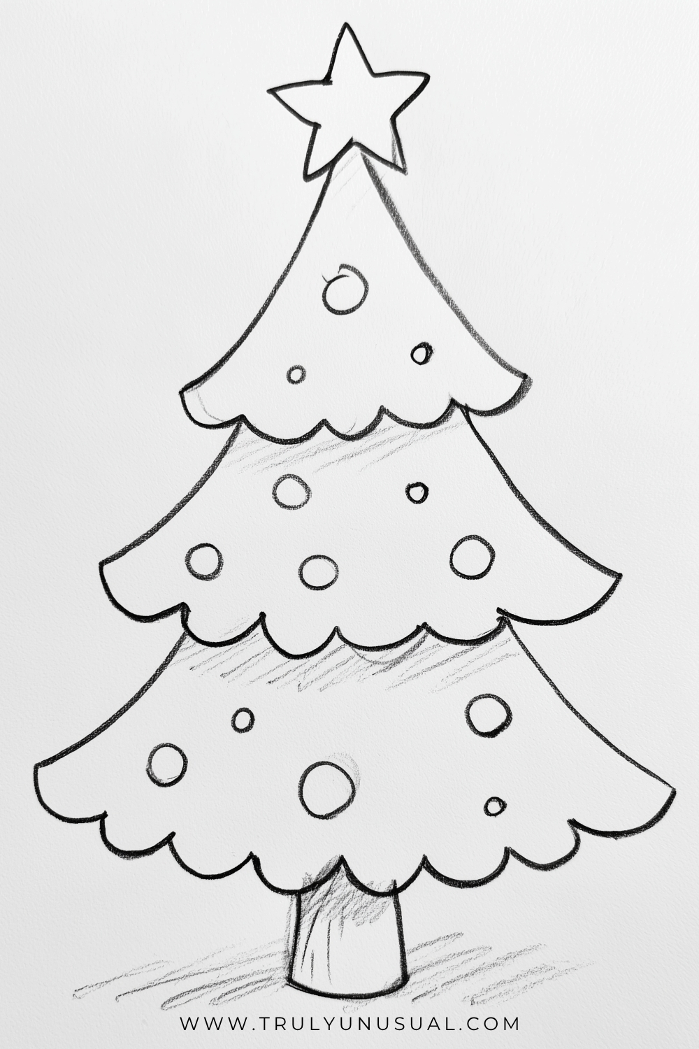 Easy Christmas tree pencil drawing featuring a simple evergreen tree with three tiers of wide, curved branches and scalloped edges. The tree is decorated with small and large circular Christmas ornaments scattered across each layer, with a five-pointed star at the very top. A short rectangular trunk supports the tree, while light pencil shading adds depth beneath the branches and around the base. Black-and-white hand-drawn Christmas tree illustration on textured white paper, suitable for cute and easy Christmas drawing ideas.