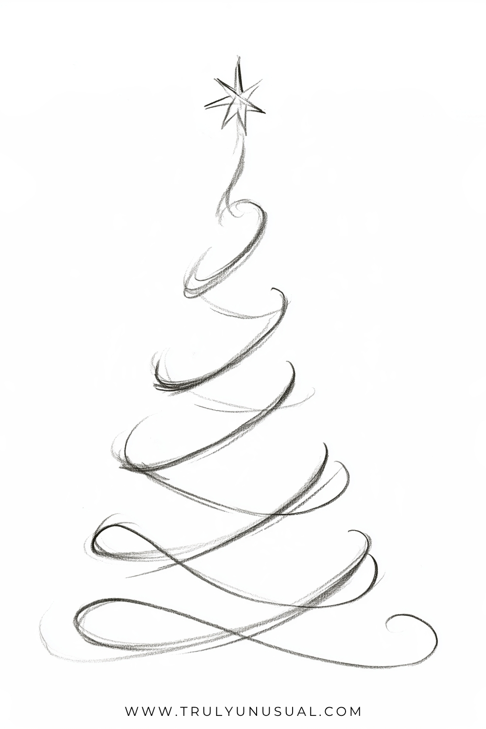 Minimalist abstract Christmas tree pencil drawing featuring a series of loose, flowing spiral lines that gradually widen from the top to the bottom, creating the silhouette of a Christmas tree. A delicate, pointed star sits at the top, while the sweeping pencil strokes form elegant loops and curls towards the base. Simple black-and-white hand-drawn Christmas illustration with lightly shaded lines and plenty of white space, creating a modern, whimsical festive design.