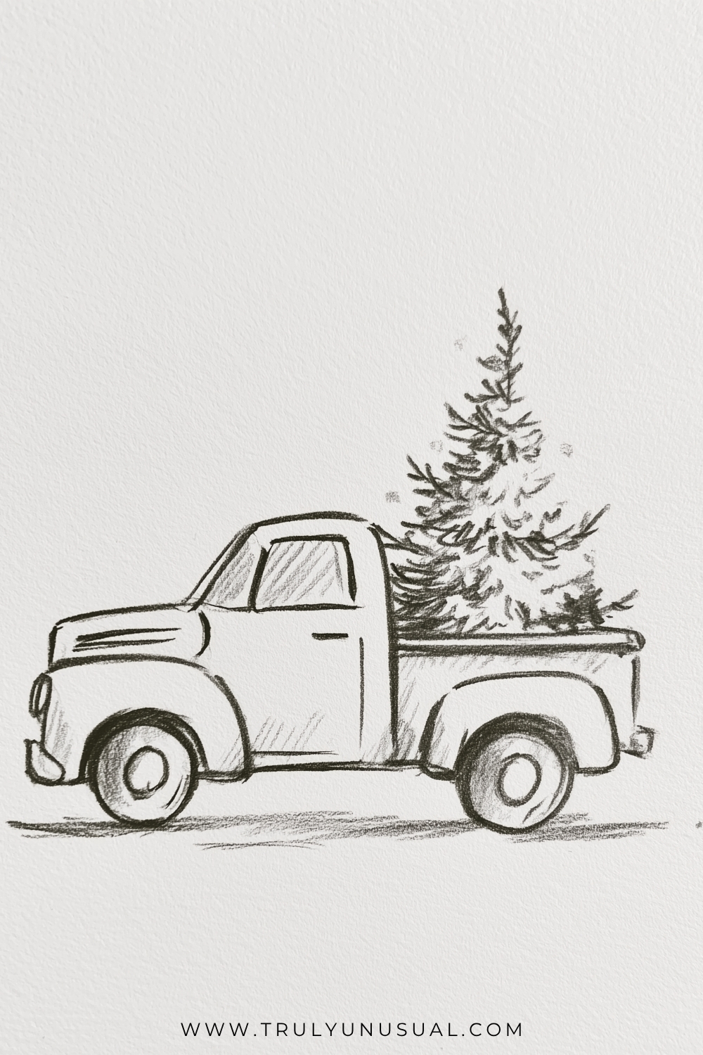Pencil sketch of a vintage pickup truck carrying a tall Christmas tree in its bed. The truck features rounded fenders, large wheels, and a classic retro design, creating a charming Christmas drawing idea.