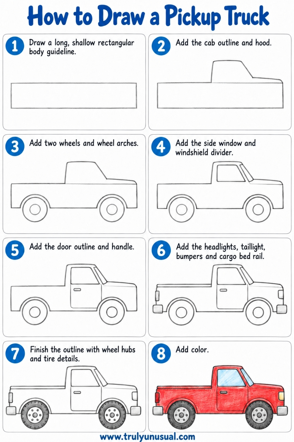 Eight-step pickup truck drawing tutorial showing how to build the body, cab, wheels, windows, and details, finishing with a red truck with blue windows.