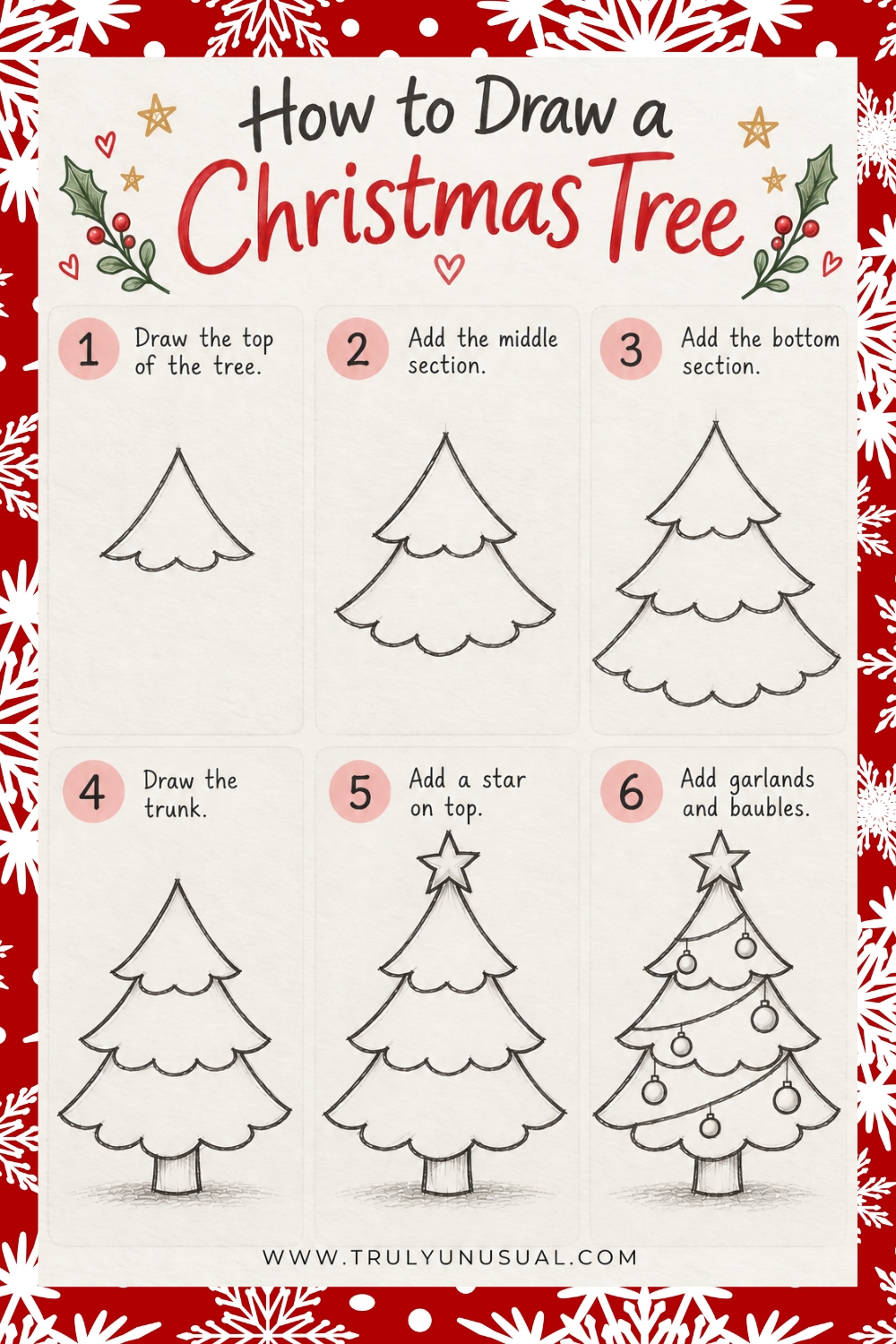 Easy Christmas tree drawing tutorial showing six simple pencil sketch steps, from drawing the tree's layered branches to adding a star, garlands, and baubles.
