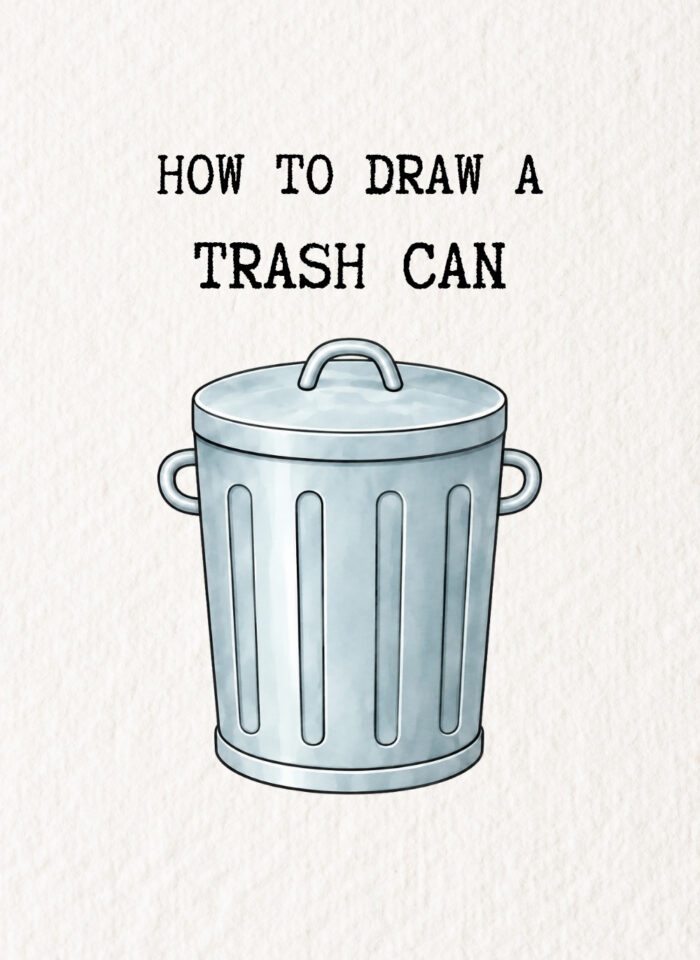 Blue-grey drawing of a metal trash can beneath the black heading “How to Draw a Trash Can” on an off-white textured background. The slightly tapered cylindrical body has four rounded vertical grooves, two curved side handles and a narrow bottom rim. A fitted oval lid with an arched handle closes the top, while pale highlights and darker shading give the metal depth.