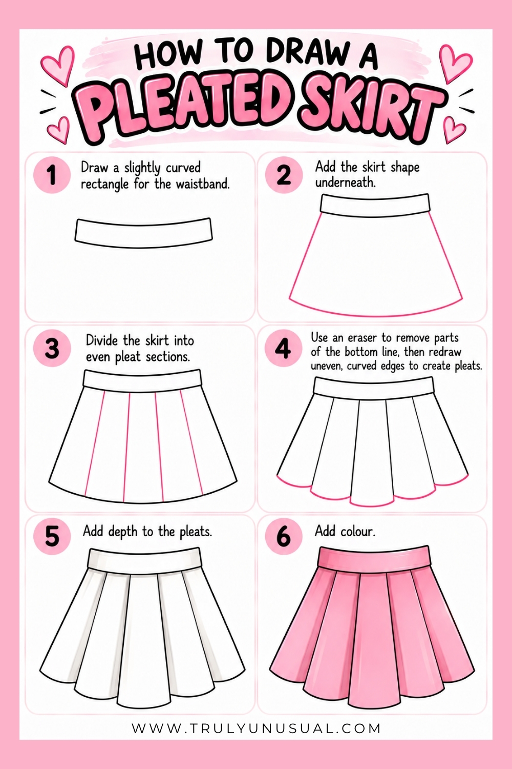 How to draw a pleated skirt in 6 easy steps for beginners, showing how to sketch the waistband, create the skirt shape, add pleats and shading, and color the finished drawing pink.
