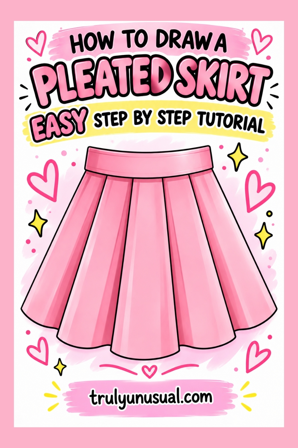 How to draw a pleated skirt with an easy step-by-step tutorial for beginners, featuring a cute pink pleated skirt drawing with a high waistband, flowing folds, and soft shading.