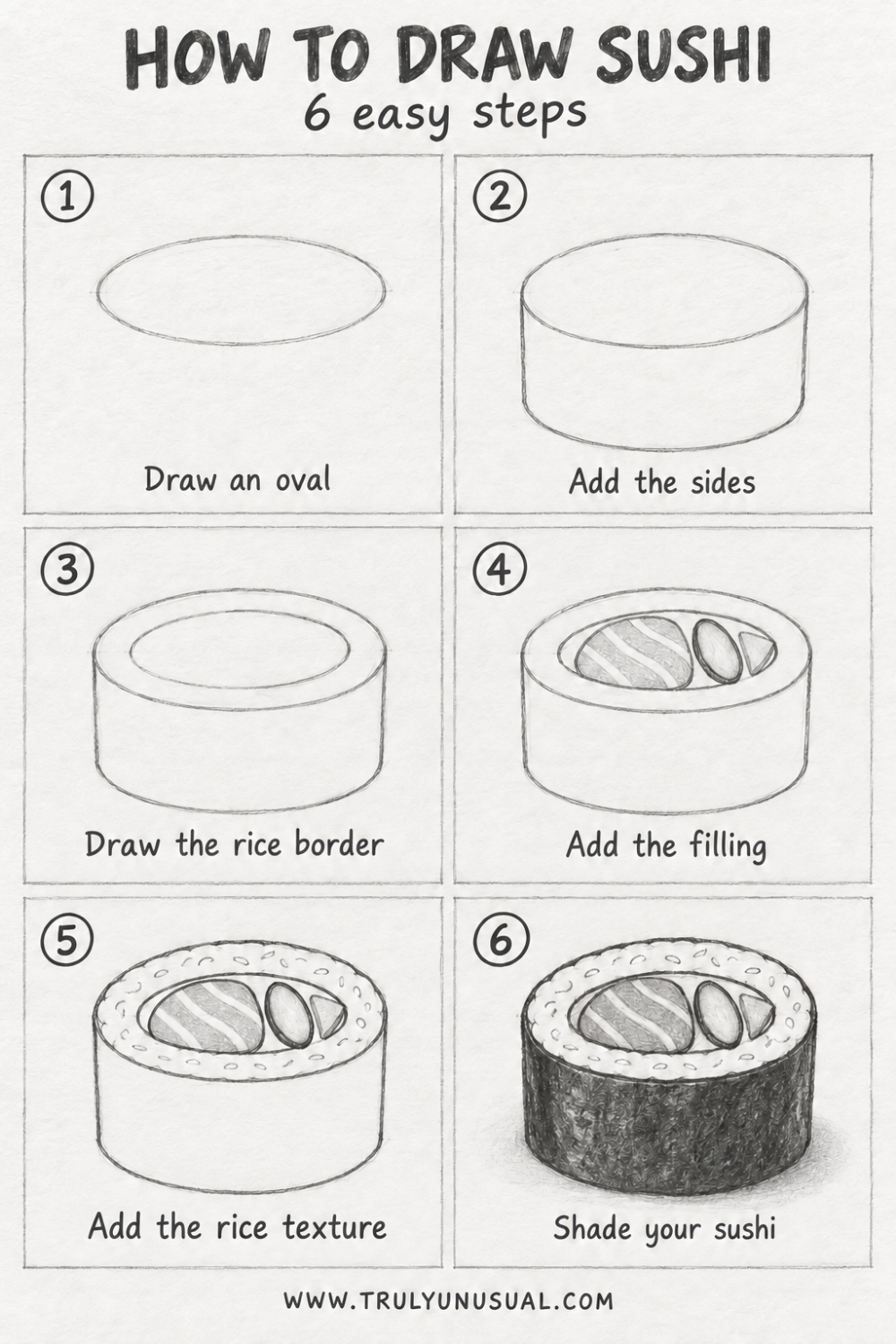 Six panel pencil drawing tutorial showing how to draw a maki sushi roll. The numbered stages progress from an oval to a cylinder, then add an inner rice border, salmon and vegetable fillings, small rice details, and dark shading on the seaweed wrapper.
