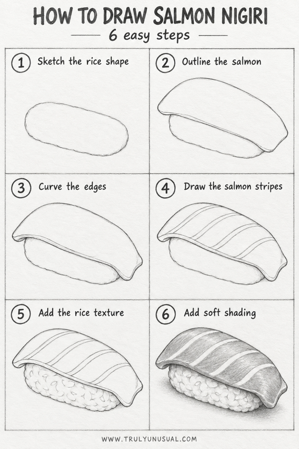 Six panel pencil drawing tutorial showing how to draw salmon nigiri. The numbered stages begin with an elongated rice mound, add a draped salmon slice and curved edges, then introduce diagonal salmon bands, individual rice details, and soft shading beneath the fish and sushi.