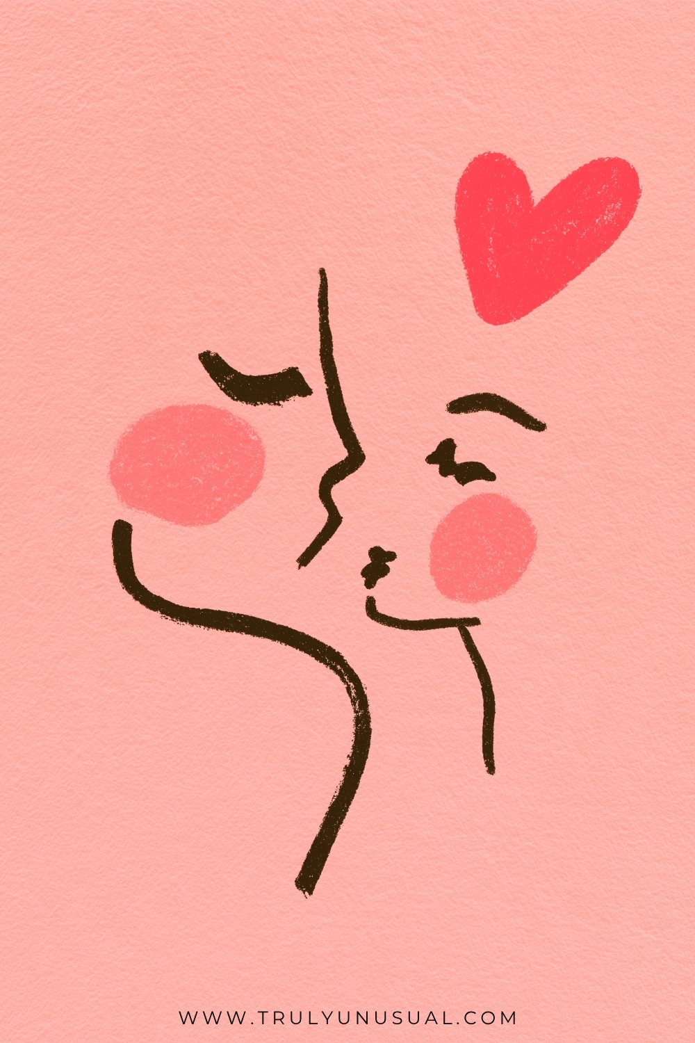 Minimalist abstract line drawing of two faces kissing, with closed eyes, pink cheeks and a red heart on a textured coral pink background.