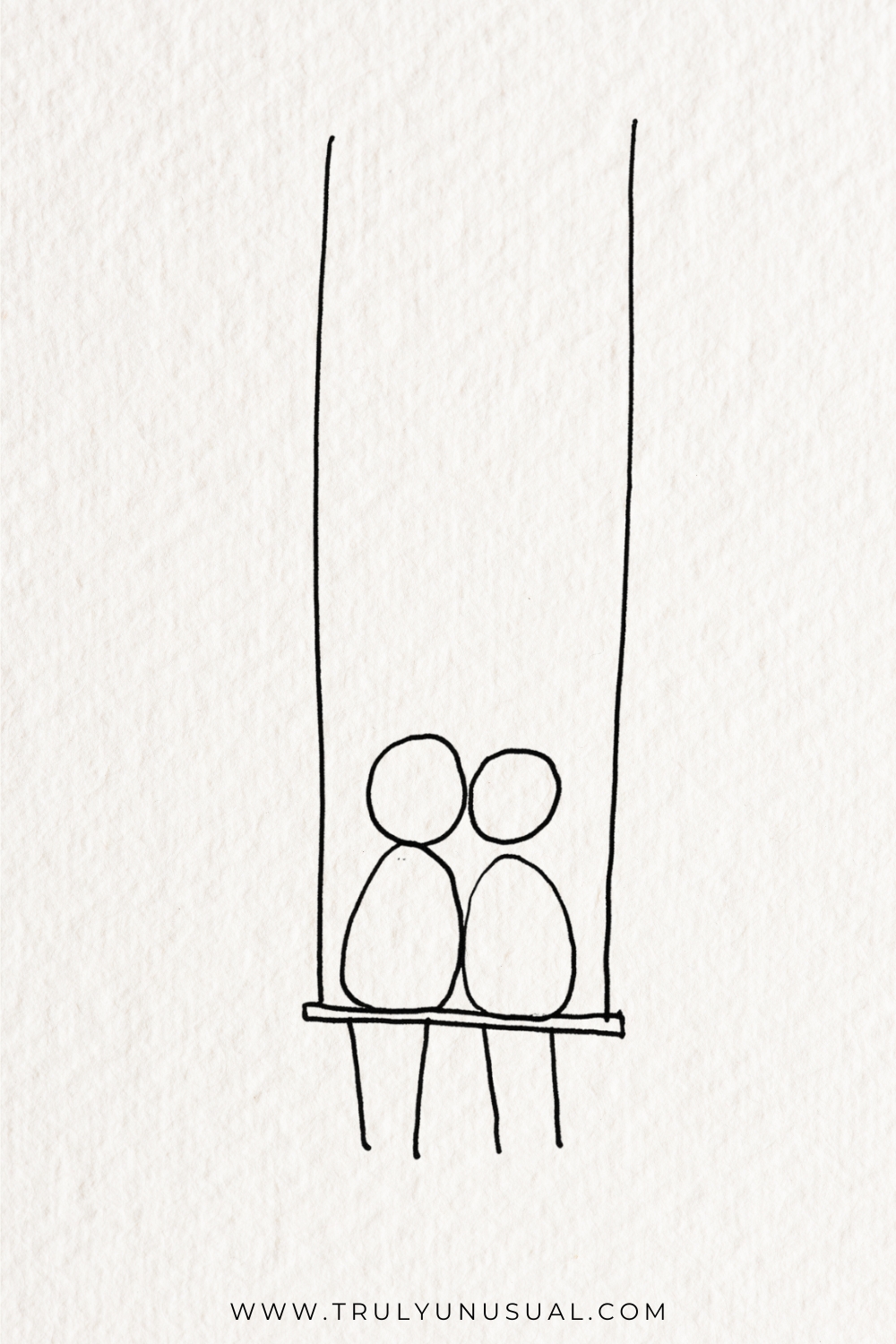 Minimal black line drawing of two people sitting closely on a swing, their round heads touching. Oval bodies rest on a thin horizontal seat, four simple legs dangle below, and two long ropes rise towards the top of the white background.