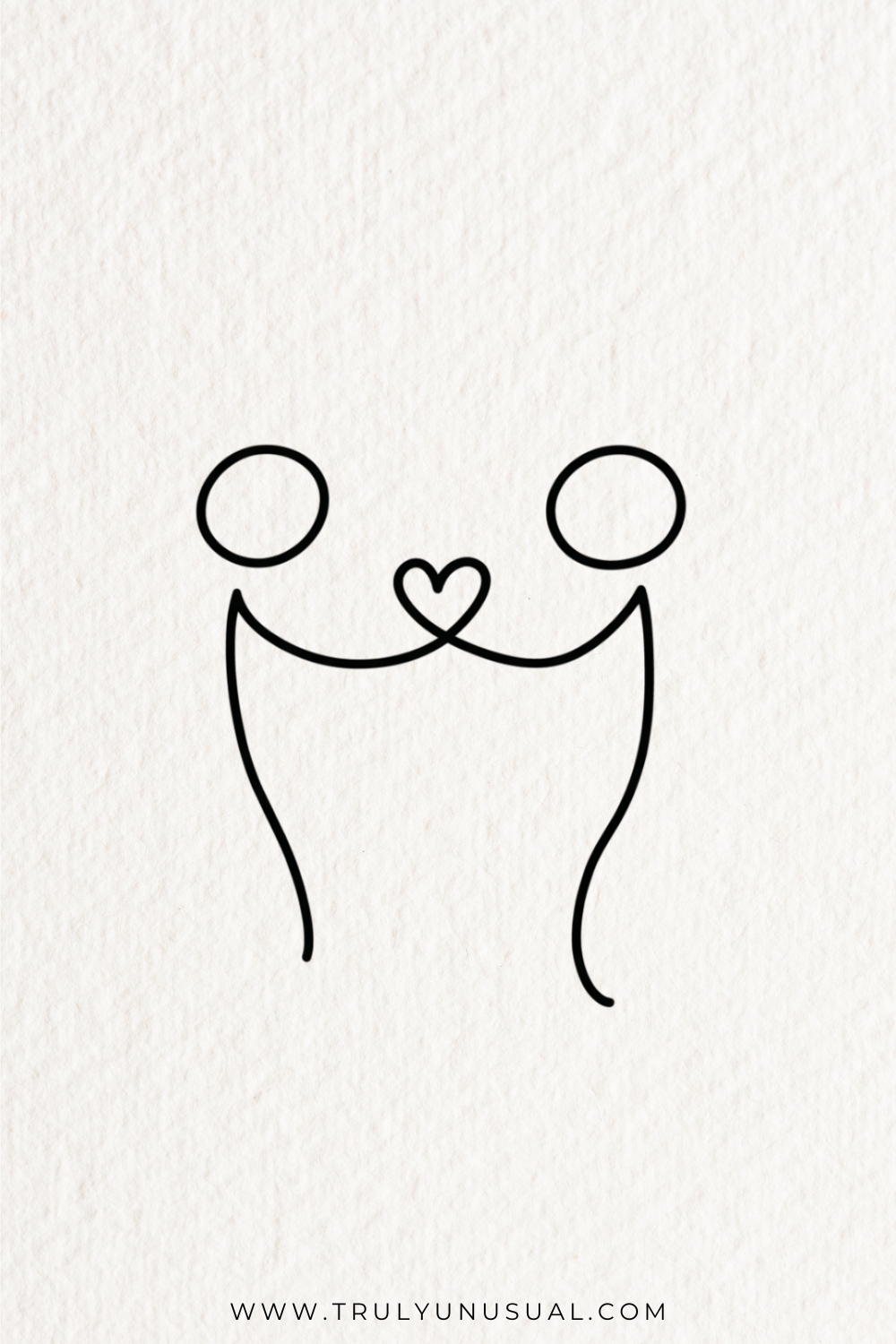 Minimal black outline drawing of two abstract people with separate circular heads. Curved arms reach together and form a small central heart, while long outer body curves sweep downwards and remain open at the bottom on a plain white background.