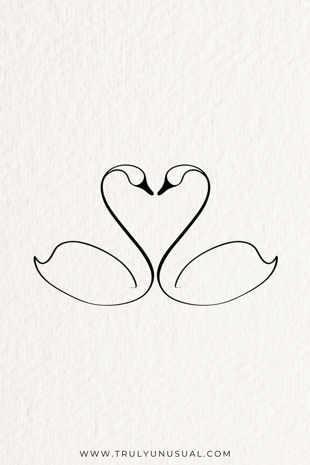 Two swans face each other in a symmetrical black outline drawing. Their long curved necks form a heart, their dark beaks point towards one another, and their broad bodies extend outwards to small upturned tails against a white background.